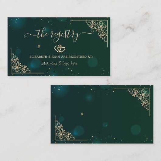 Elegant Gold Hearts Frame Green Wedding Registry Begleitkarte (Vorne/Hinten)