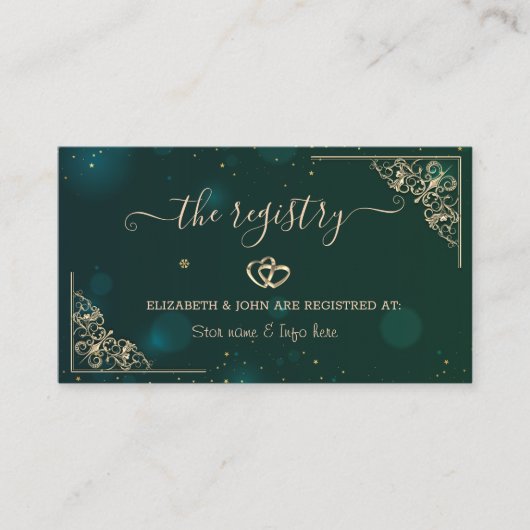Elegant Gold Hearts Frame Green Wedding Registry Begleitkarte (Vorderseite)