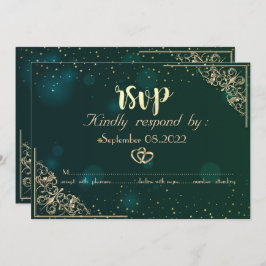 Elegant Gold Hearts Frame Green Wedding RSVP Einladung