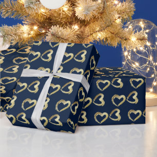 Elegant Gold Hearts on Navy Dunkelblau Geschenkpapier