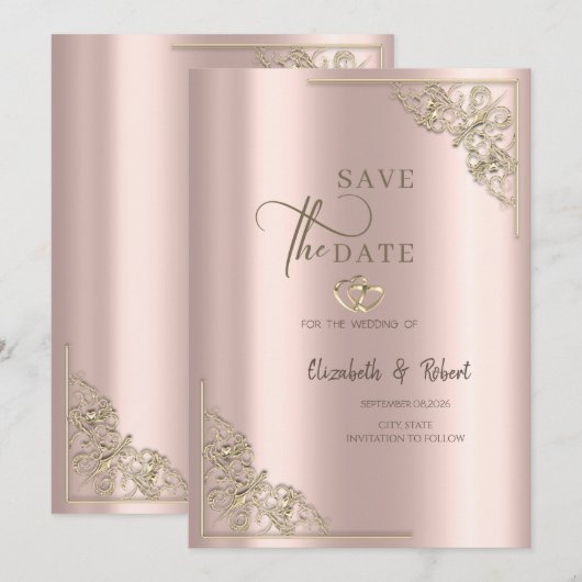 Elegant Gold Hearts Rose Gold Wedding Save The Date (Vorne/Hinten)