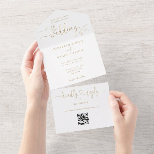 Elegant Gold Hearts Script QR Code Hochzeit All In One Einladung (Abreißen)