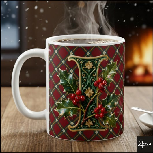 Elegant Gold Holly Christmas Initial Letter I Kaffeetasse