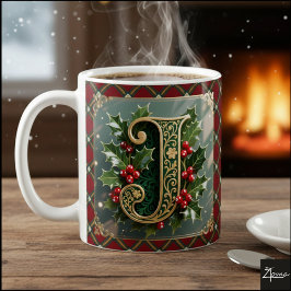 Elegant Gold Holly Christmas Initial Letter J Kaffeetasse