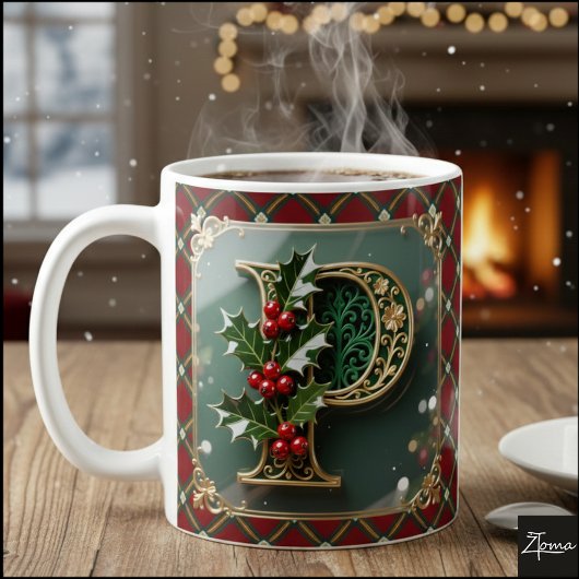 Elegant Gold Holly Christmas Initial Letter P Kaffeetasse