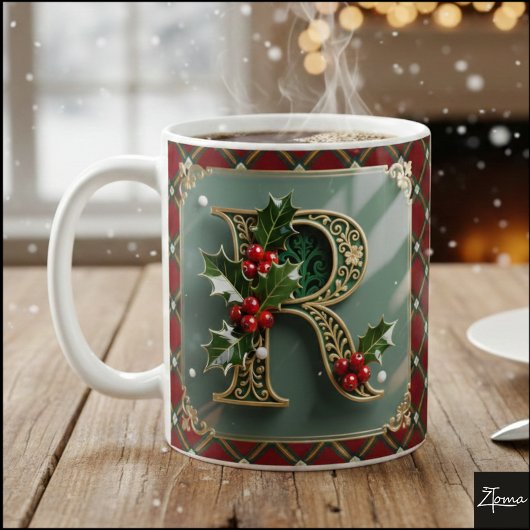 Elegant Gold Holly Christmas Initial Letter R Kaffeetasse