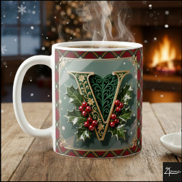 Elegant Gold Holly Christmas Initial Letter V Kaffeetasse