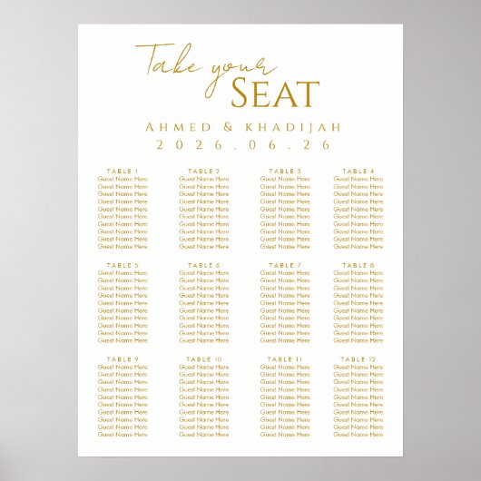 Elegant Gold Islamic Wedding Seating Chart Poster (Vorne)