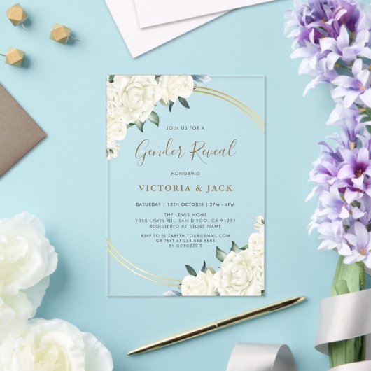 Elegant Gold Ivory Blumengrün Gender Reveal Acryleinladungen (In Situ (Hochzeit))