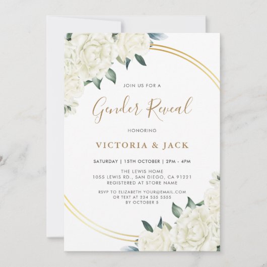 Elegant Gold Ivory Blumengrün Gender Reveal Einladung (Vorderseite)