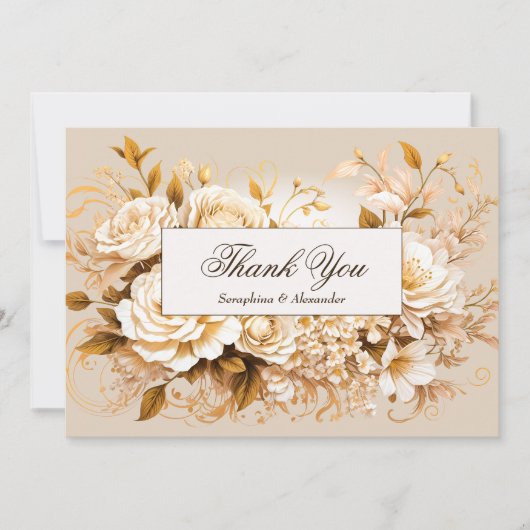 Elegant Gold & Ivory Floral Wedding Vielen Dank Dankeskarte (Vorderseite)
