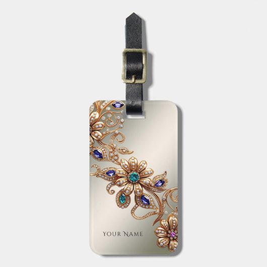 Elegant Gold Jewel Flowers Luggage Tag Gepäckanhänger (Vorderseite vertikal)