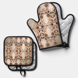 Elegant Gold Jewel Flowers Ofenhandschuh & Topflappen-Set