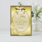 Elegant Gold Jeweld Bow & Stiletto Birthday Einladung (Stehend Vorderseite)