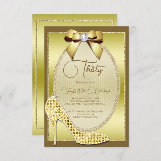 Elegant Gold Jeweld Bow & Stiletto Birthday Einladung (Vorne/Hinten)