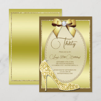 Elegant Gold Jeweld Bow & Stiletto Birthday Einladung