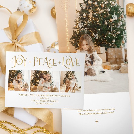 Elegant Gold Joy Peace Love Script 3-Photo Dreifach Gefaltete Urlaubskarte