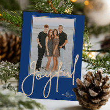 Elegant Gold JOYFUL Script on Blue Photo Christmas