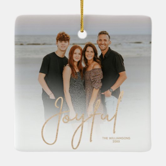 Elegant Gold JOYFUL Script Photo Christmas Keramikornament (Rückseite)