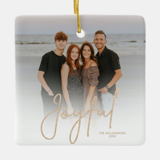 Elegant Gold JOYFUL Script Photo Christmas Keramikornament (Vorderseite)