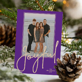 Elegant Gold JOYFUL Script Purple Photo Christmas Feiertagskarte
