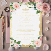 Elegant Gold Lace Blush Pink Floral Quinceanera Folieneinladung