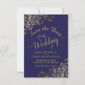 Elegant Gold Lace Filigree auf Blue Wedding Save The Date (Vorderseite)