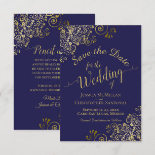 Elegant Gold Lace Filigree auf Blue Wedding Save The Date
