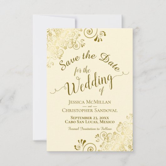 Elegant Gold Lace Filigree auf Ivory Cream Wedding Save The Date (Vorderseite)