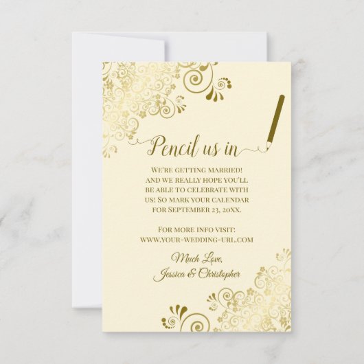 Elegant Gold Lace Filigree auf Ivory Cream Wedding Save The Date (Rückseite)