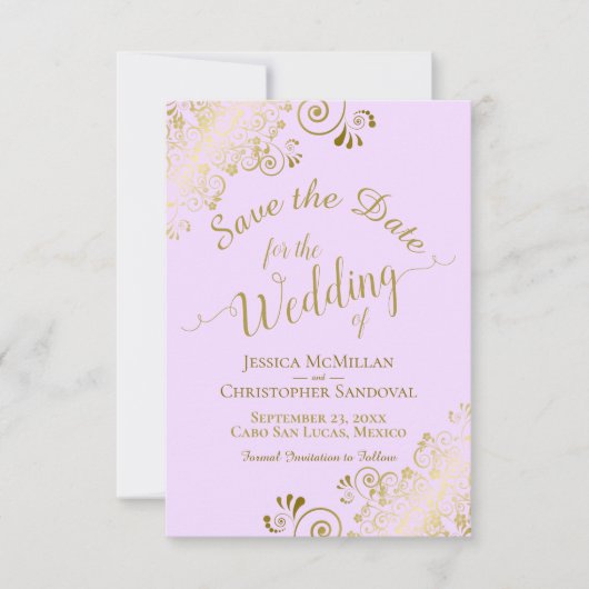 Elegant Gold Lace Filigree auf Lilac Lila Wedding Save The Date (Vorderseite)