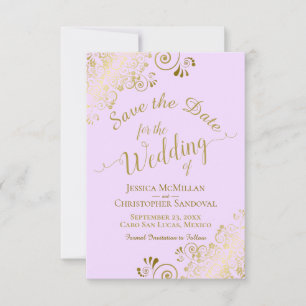 Elegant Gold Lace Filigree auf Lilac Lila Wedding Save The Date