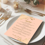 Elegant Gold Lace Frills auf Coral Peach Wedding Menükarte<br><div class="desc">Dieses schöne Hochzeitsmenü ist einfach,  elegant,  raffiniert und stilvoll. Es zeichnet sich durch ein wunderschönes,  korallenfarbenes Design aus,  mit einer laky goldenen Schriftzeichen-Kalligraphie und zarten goldenen Gardinen und Wirbel in den Ecken. Die Rückseite ist eine schöne goldfarbene Marmorfarbe.</div>