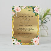 Elegant Gold Lace Pink Floral Quinceanera Folieneinladung (Stehend vorne)