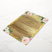 Elegant Gold Lace Pink Floral Quinceanera Folieneinladung (Gedreht)