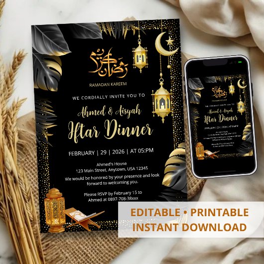 Elegant Gold Lanterns and Monstera Ramadan Iftar Einladung
