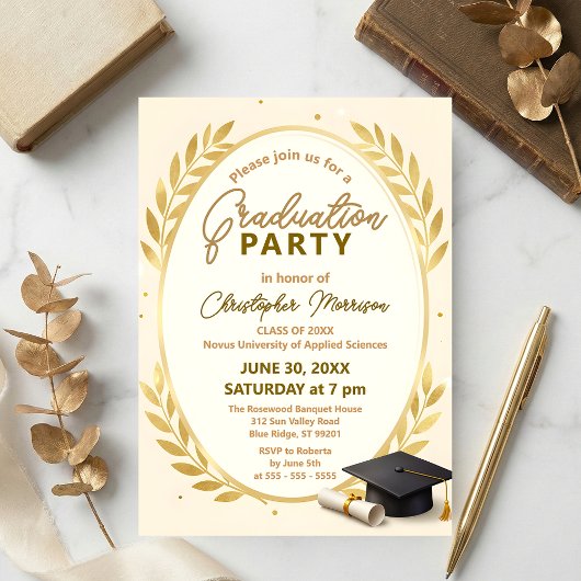 Elegant Gold Laurel Wreath & Cap Graduation Party Einladung