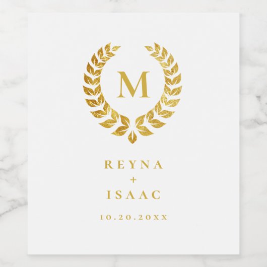 Elegant Gold Laurel Wreath Monogram White Weinetikett (Einzelnes Label)