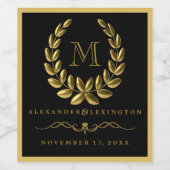 Elegant Gold Laurel Wreath und Monogram Wedding Weinetikett (Einzelnes Label)