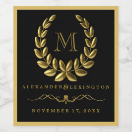 Elegant Gold Laurel Wreath und Monogram Wedding Weinetikett