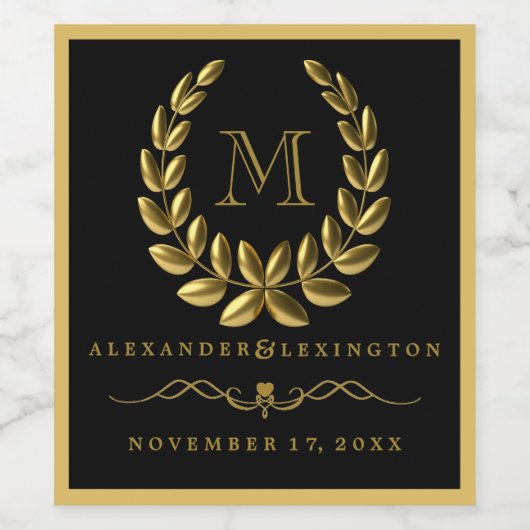 Elegant Gold Laurel Wreath und Monogram Wedding Weinetikett (Einzelnes Label)