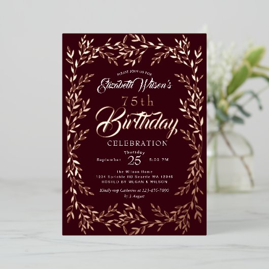 Elegant Gold Leaf Birthday Folieneinladung (Stehend vorne)