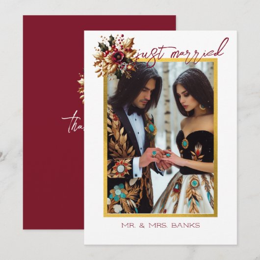 Elegant Gold Leaf Hochzeitfoto Dankeschön Karte (Vorne/Hinten)