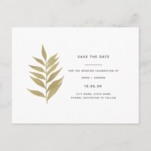 Elegant Gold Leaf Save the Date Einladungspostkarte (Vorderseite)