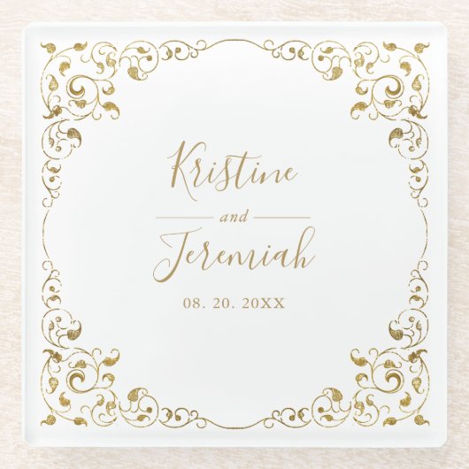 Elegant Gold Leaf Script Name Wedding Glasuntersetzer (Vorderseite)