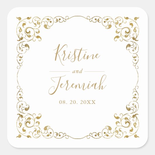 Elegant Gold Leaf Script Name Wedding Quadratischer Aufkleber (Vorderseite)