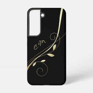 Elegant Gold Leaf Swirl Black Monogram Samsung Galaxy Hülle