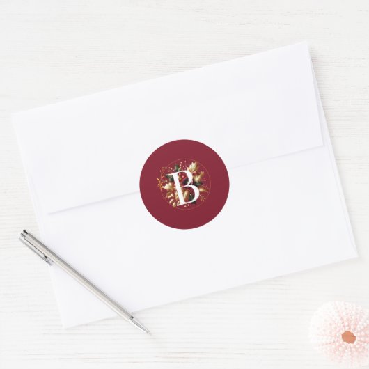 Elegant Gold Leaf Winter Wedding Monogram Runder Aufkleber (Umschlag)