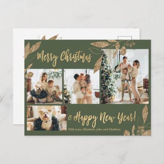 Elegant Gold Leafe 4 Foto Collage Weihnachten Postkarte (Vorne/Hinten)