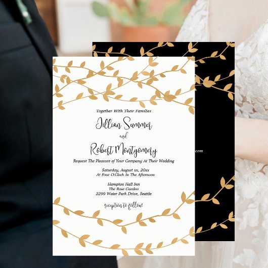 Elegant Gold Leaves Black White Wedding Einladung